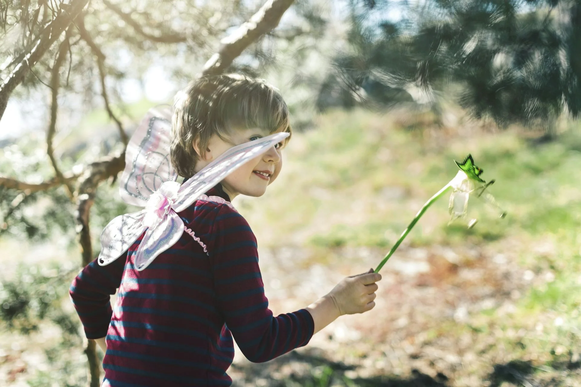 Child wearing pink butterfly wings and holding a wand in a forested area