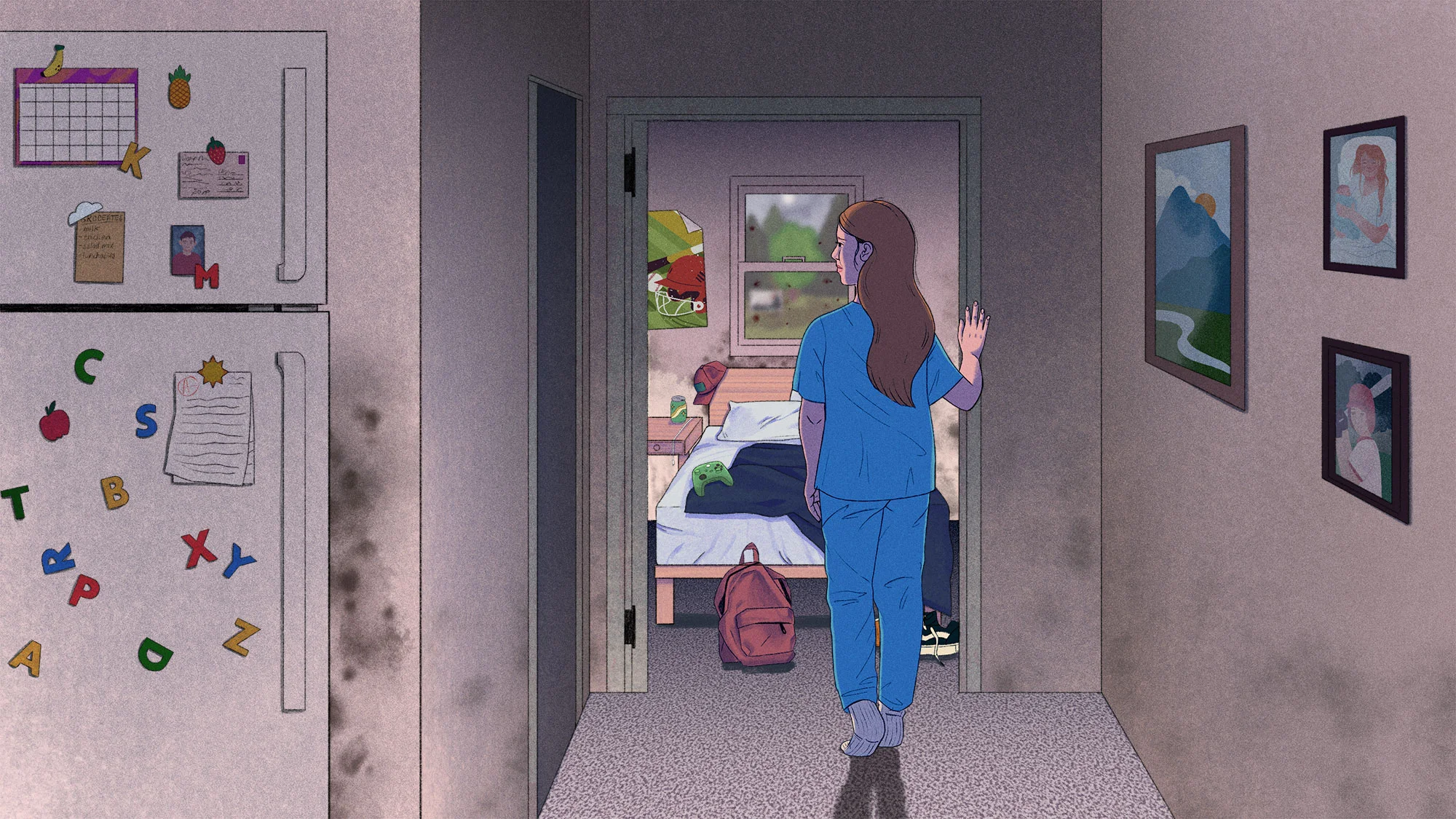 an illustration of a woman in scrubs standing in a mold damaged hallway looking into a child or tween's bedroom