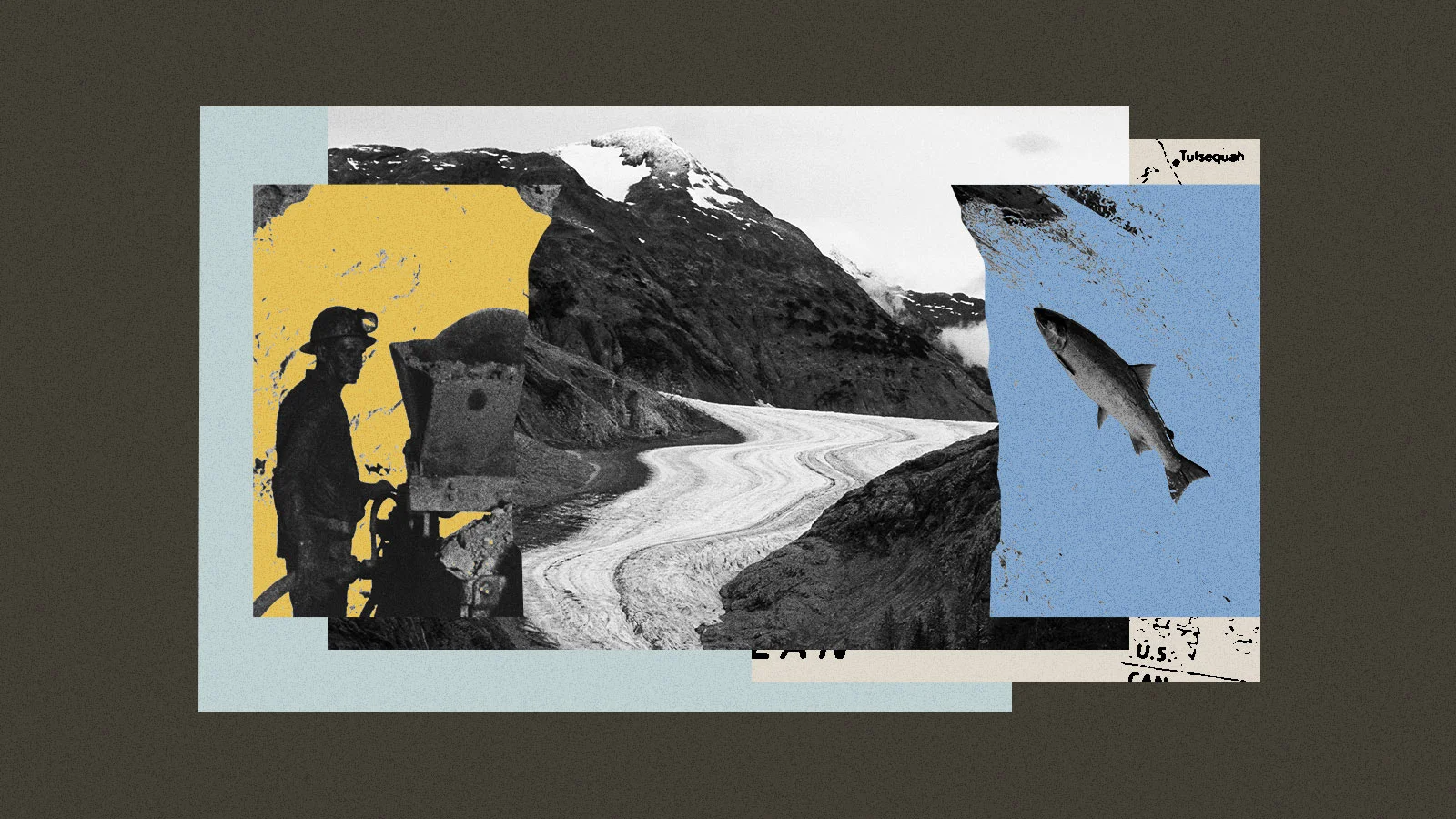 Collage of glacier, salmon, miner, and map of Alaska