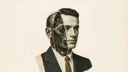 A man in a suit with half of his face and head illustrated as mechanical gears and machinery, blending human and robot features.
