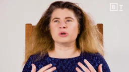 A woman with long, frizzy hair and a patterned blue top speaks while gesturing with her hands. She is seated in front of a plain light background.