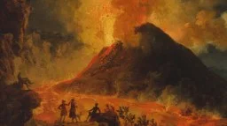 A volcano erupts at night, spewing lava and smoke, while several people observe from a distance in the foreground.