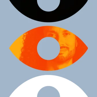 A stylized graphic with three large eye shapes stacked vertically; the middle orange eye reveals part of a person's face, while the others are solid black and white.