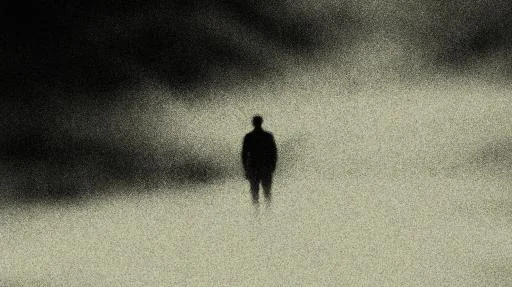 A lone silhouette of a person stands in a hazy, grainy environment, surrounded by darkness and indistinct shadows.