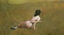 A woman in a pink dress lies on the grass in a field, facing away and looking toward the distance.