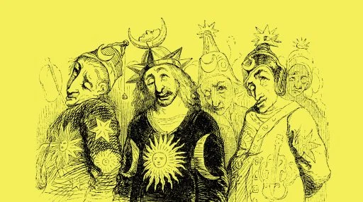 A group of people dressed in robes decorated with celestial symbols and wearing hats adorned with stars and crescent moons, drawn in a vintage illustration style on a yellow background.