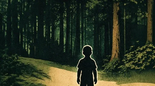 A silhouette of a child stands on a sunlit path in a dense, dark forest with tall trees and foliage surrounding the scene.