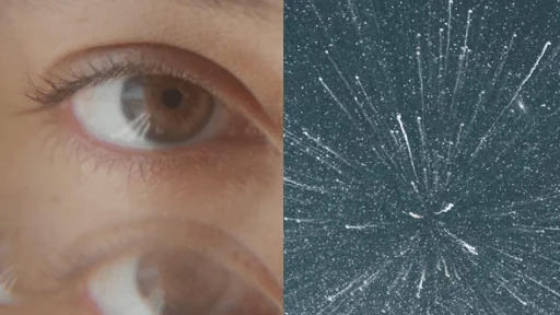 Close-up of a person's brown eye with a double exposure effect on the left; starry sky with light streaks on the right.