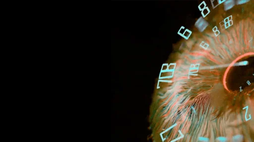 Abstract image showing a partial view of a clock face with distorted numbers and swirling, colorful lines on a black background.