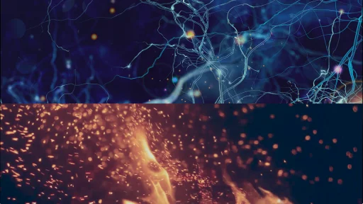 Abstract image split in two: the top half shows blue neural-like network lines, while the bottom half displays orange flames and sparks against a dark background.