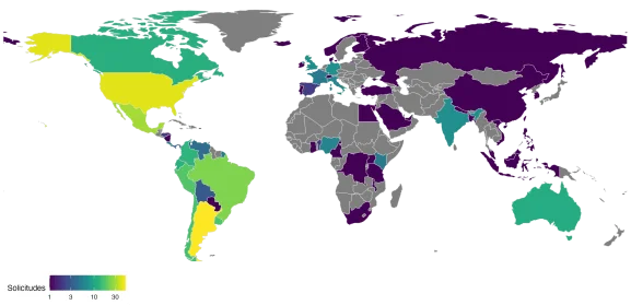 World map showing applications levels by country, with a color gradient from dark purple (1) to yellow (30). North America, parts of South America, and Australia show higher values in yellow-green, while parts of Asia, and Africa appear in darker purple tones indicating lower values.